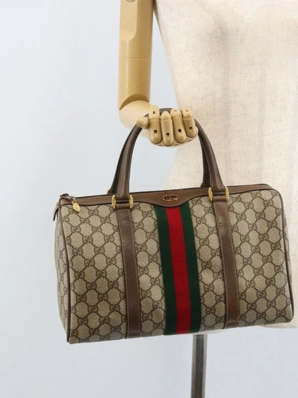 GUCCI GG Supreme Web Sherry Line Boston Bag PVC Beige Gold 24 02 007 Auth ka2825
